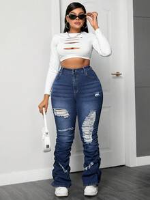 Jeanoix 大码女式休闲时尚街头高腰紧身破洞喇叭牛仔裤 - 深色水洗藍 - 查看 3