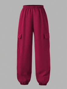 SHEIN ChillGRL Bộ 2 áo thun tay ngắn cổ tròn in họa tiết thường ngày cho bé gái tuổi teen và quần ống rộng có túi hộp, thời trang mặc hàng ngày và ngoài trời, màu xanh quân đội - Màu Hồng Tươi - Xem 6