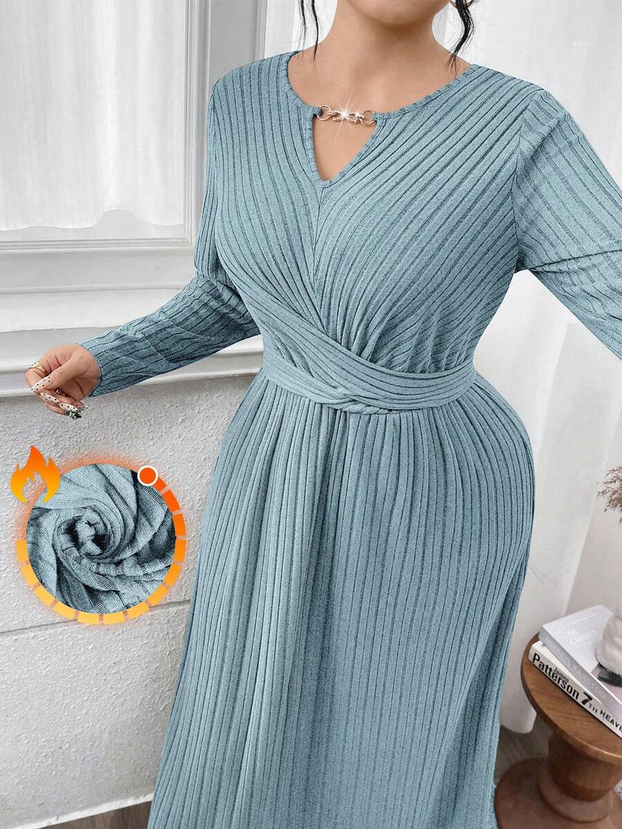 Modelyn Plus Size Women's Solid Color Keyhole Neck Long Sleeve Waist Criss-Cross Ribbed Fashionable Dress - Blue - View 1
