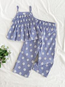 Vintaside Kids 两件套女童格纹碎花印花无袖上衣和配套长裤，修身款式，适合外出、休闲、运动、派对等场合。