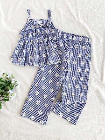 Vintaside Kids 两件套女童格纹碎花印花无袖上衣和配套长裤，修身款式，适合外出、休闲、运动、派对等场合。