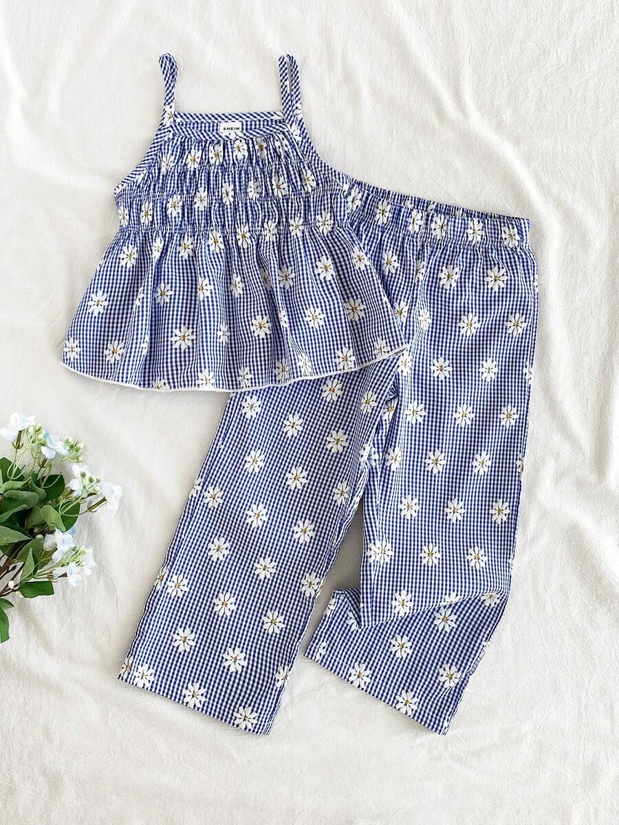 Vintaside Kids 两件套女童格纹碎花印花无袖上衣和配套长裤，修身款式，适合外出、休闲、运动、派对等场合。