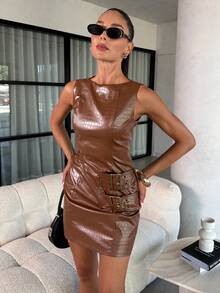 Lavishia Women's Fashionable PU Leather Mini Dress, Bandeau Dark Brown Short Dress,Autumn Girly Night Out Outfits,Vintage Mother Day Graduation Clothes - Rust Brown - View 5