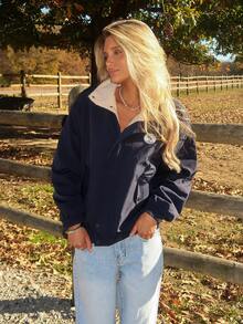 Sydney Algeri 印花宽松立领拉链开合长袖女式夹克，秋季女装，羊毛衬里 - 藏蓝色 - 查看 4