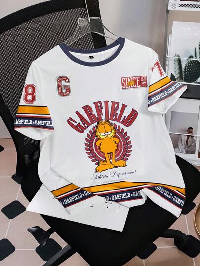 GARFIELD | SHEIN T-shirt à col rond à manches courtes imprimé lettres et chats, décontracté, pour femmes, été