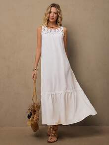 Freevana Váy dài màu trắng thường ngày có túi cho nữ, dáng rộng, bồng bềnh, phong cách Boho - trắng - Xem 4