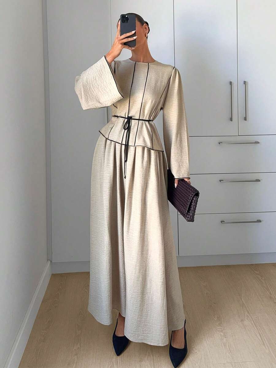 Siren Gaze 女士秋冬新款撞色滚边半身裙套装 - 杏色 - 查看 1