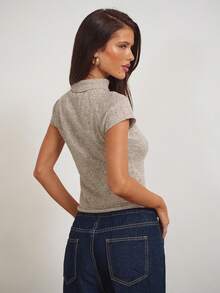 Aloruh Áo dệt kim tay ngắn cổ cao dáng ôm vừa vặn phong cách cổ điển dành cho nữ, thích hợp cho mùa xuân, kỳ nghỉ xuân, trang phục thường ngày. - Màu Khaki - Xem 2