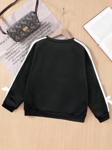 Tween Girl Casual Cute Sweet Round Neck Black Sweatshirt With Bow Sleeves In Fall/Winter - Black - View 2