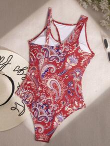 Swim Lushoire Paisley Print Hollow One-Piece Swimsuit, Random Print - Red - View 2