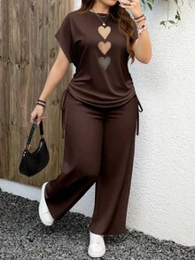 EMERY ROSE Conjunto informal de 2 piezas de estampado de leopardo talla grande, adecuado para el verano - Marrón Mocha - Ver 1