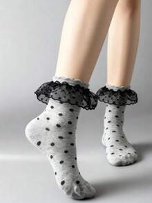 ROMWE Kawaii 女士波点图案网眼拼接荷叶边可爱船袜 - 多色A1 - 查看 2