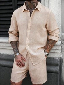 Manfinity Homme 男士翻领单排扣长袖衬衫和短裤休闲通勤套装 米色男士衬衫 杏色男士衬衫 卡其色男士衬衫 男士两件套亚麻套装 男士两件套西装套装 长袖衬衫配短裤 礼仪 - 卡其色 - 查看 6
