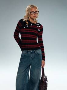 TRNVIE Suéter casual de mujer con cuello alto, ajuste delgado y textura a rayas - Burdeos - Ver 4