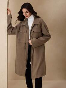 Graceveil Chaqueta casual larga con cremallera frontal, cuello con cordón, cuatro botones, bolsillos cargo y puños de manga de mujer en tela de twill marrón con forro polar - Marrón - Ver 5