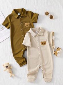 Baby Boys Jumpsuits-Polo Collar Short Sleeve Romper Front Snap Pocket Bear Patch Beige Olive Four Season 2026 New Year Essential Boys Romper Versatile And Comfortable Warm And Cute Style