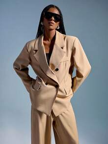 GENKIRA 两件套复古硬币设计翻领双排扣女士商务套装，时尚通勤装 - 卡其色 - 查看 6