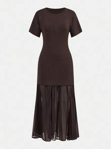 Maija 2026 Modern City Sleeveless/Half Sleeve Round Neck Patchwork Design Semi-Sheer Maxi Dress With Oversized Skirt, Sexy & Elegant, Suitable For Early Autumn Back To School Season & Party,,Brown Dress, Casual Dresses, Elegant Dresses,Long Party Dress, Beach Dress, Thanksgiving, New Year Women's Clothes, Christmas Dress, Halloween Costume Women,Autumn Outfits For Women, Women's Winter Clothes, Fall Outfits For Women - Coffee Brown - View 6