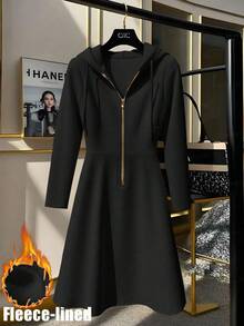 GlowEve CURVE Váy nỉ trùm đầu dệt kim khóa kéo vàng cho nữ, thời trang đi làm hàng ngày kiểu Pháp, thanh lịch, cổ điển, đa năng, ngày lễ, váy dài tay màu kem be/ngà, thu/đông - màu đen - Xem 5