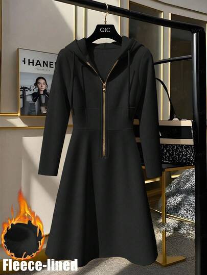 GlowEve CURVE 女士针织金色拉链装饰连帽卫衣连衣裙，法式休闲日常通勤时尚，法式优雅街头复古百搭假日商务米色/象牙色长袖连衣裙，秋冬款