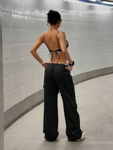 StreetHx Streetwear Women Sleeveless Backless Tank Top & Drawstring Waist Cargo Pants 2 Pieces Set, Spring/Summer - Black - View 2