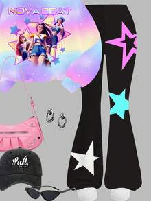 两件套少女休闲时尚街头风针织圆领渐变韩流明星字母印花宽松卫衣搭配修身喇叭裤，返校季、舒适、充满圣诞气息、圣诞礼物、秋冬装 - 彩色 - 查看 5