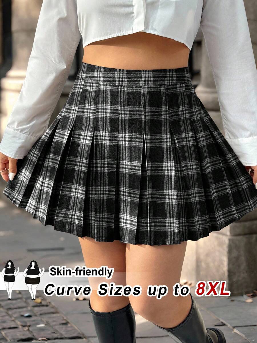 SHEIN CURVE+ Plus Size Women Vintage Plaid Pleated A-Line Skirt, Autumn/Winter - Black - View 1