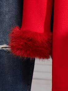 Elegant & Simple Wool Coat For Tween Girls, With Fur Cuffs, Pearl Decorated Buttons, Bow Decor On Chest, Suitable For School, Commuting, Outing, Matching With Long Sleeve Sweater, Pants, Skirt - Red - View 5