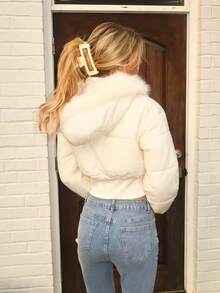 Sydney Algeri Women's Fashionable Apricot Vintage Patchwork Short Fur Hooded Cinched Waist Stand Collar Long Sleeve Short Padded Coat, Suitable For Autumn/Winter Fall Cloth For Women - Apricot - View 2