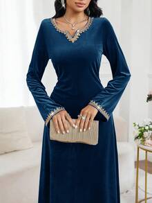 Al Najma Elegant Velvet Long Sleeve Modest Dress, Arabic Style For Women - Teal Blue - View 6