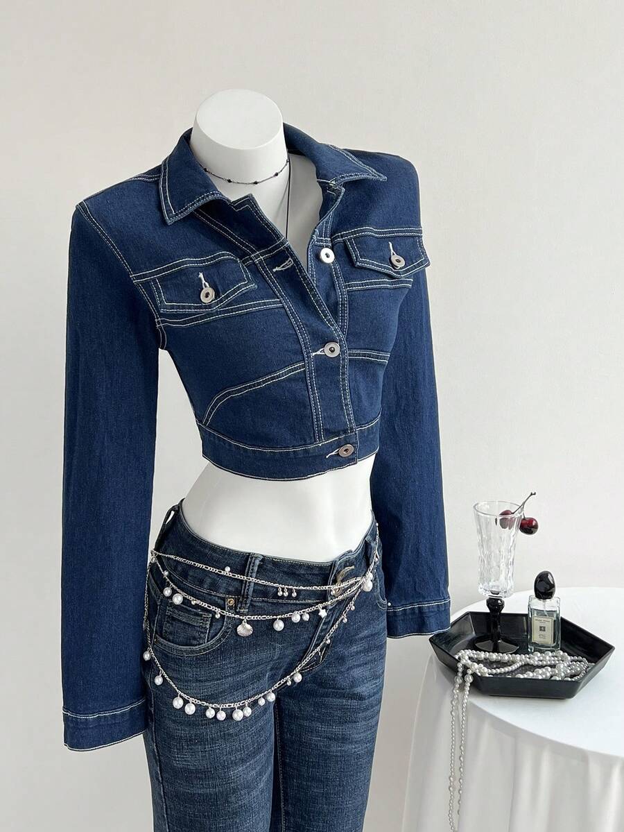 Elamini Fashionable Casual Super Short Denim Jacket, Versatile - Dark Wash - View 1