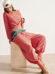 Bohemela 波西米亚风冬季圣诞新年休闲纯色针织圆领长袖宽松上衣和阔腿裤女式两件套 - 紅木色 - 查看 7