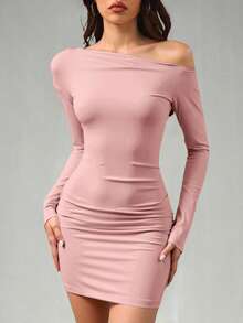 SHEIN PETITE Damen einfarbiges Sommerkleid mit langen Ärmeln, kurzes, lässiges Kleid, Herbstkleidung, Frauenkleider für den Herbst, Frauenkleidung für den Herbst, asymmetrische Kleider, Winterkleidung