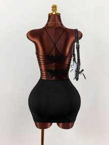 Amplova 女士纯色露背交叉吊带迷你连衣裙 - 黑色 - 查看 3