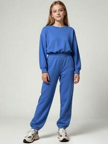 JNSQ Tween Girls 2pcs Outfit Set, Oversized Graphic Letter Print Fleece Sweatshirt Top And Relaxed Straight Leg Sweatpants, Suitable For Casual Wear, Outdoor Activities, Vacation, Streetwear, Party In Autumn And Winter - Baby Blue - View 2