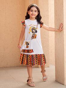 SHEIN 女童印花可爱配饰装饰连衣裙，可爱简约，时尚舒适，适合室内外穿着。 - 彩色 - 查看 7