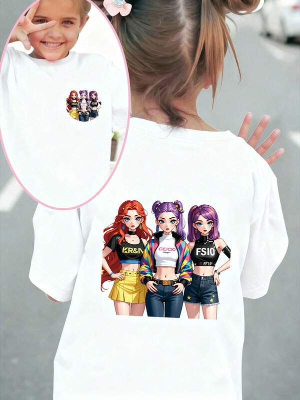 Tween Girls Cute Kpop Girl Print White T-Shirt, Casual Wear, Suitable For Summer & Autumn