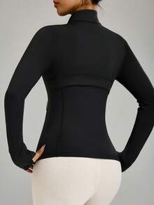 Dewbera 女士极简印花拉链长袖运动夹克 - 黑色 - 查看 3