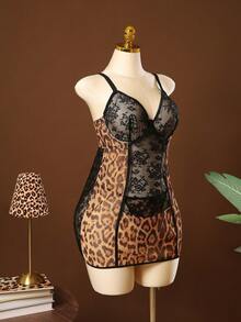 SHEIN Conjunto de 2 piezas de lencería de talla grande con vestido de encaje, estampado de leopardo y malla con espalda descubierta, incluye tanga. Lencería de Halloween, lencería con estampado de leopardo, vestidos de lencería para mujer, lencería clásica con estampado animal - Multicolor - Ver 8