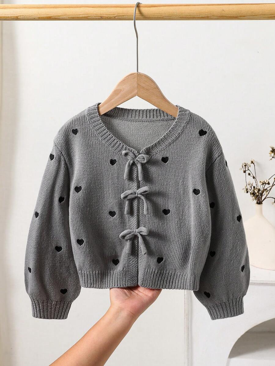SHEIN Knit Sweater For Young Girls, Bow Decor, Cute & Casual, Soft & Comfortable, Versatile, Suitable For Home, Party, And Holiday - Light Grey - View 1