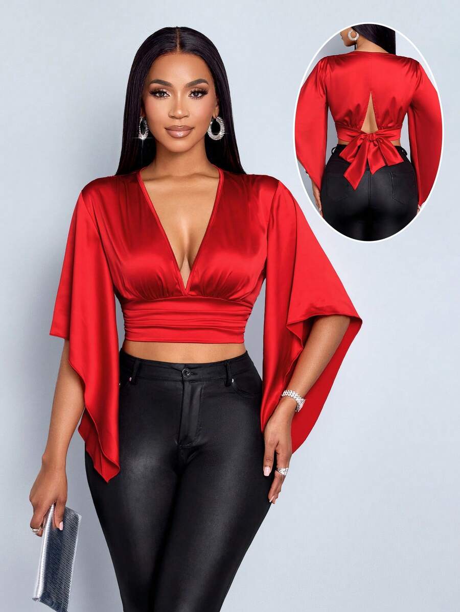 SOLERSUN 女士办公室 女士 老钱风格 女士 春夏 女士 优雅 通勤 商务 休闲 深V领 腰部收褶 光泽缎面面料 不对称荷叶边袖口 派对 情人节 约会 度假 红色短款衬衫 秋季 衬衫 上衣 秋季 女士 冬季 女士 感恩节 女士 返校 教师 万圣节 节日 性感 优雅 衬衫 - 紅色 - 查看 1