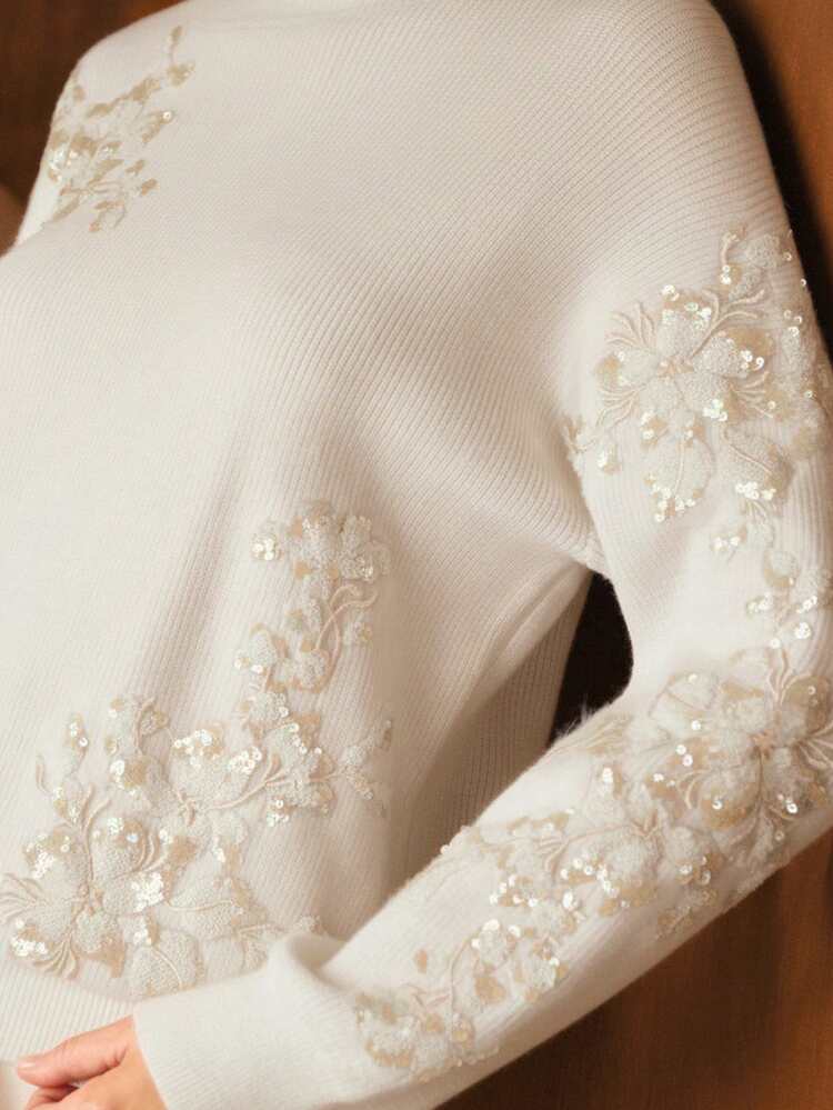 SEQUIN FLORAL EMBROIDERY KNIT PULLOVER SWEATER, AUTUMN/WINTER