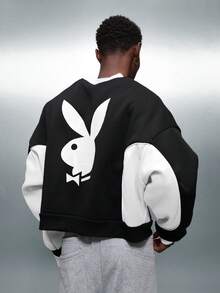 PLAYBOY X SUMWON 短款修身Logo圆领套头卫衣，撞色袖子和背部印花图案，打造休闲街头风。 - 黑色 - 查看 2