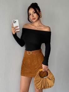 Almamuse 女士秋季仿麂皮迷你裙，饰有铆钉细节 - 棕色 - 查看 3