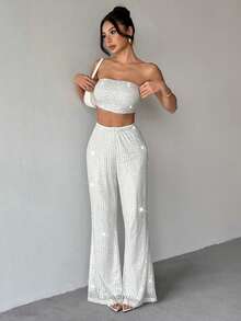 Almamuse Women's Fitted Sequin Embellished Loose Pants 2 Pieces Set - Silver - View 1