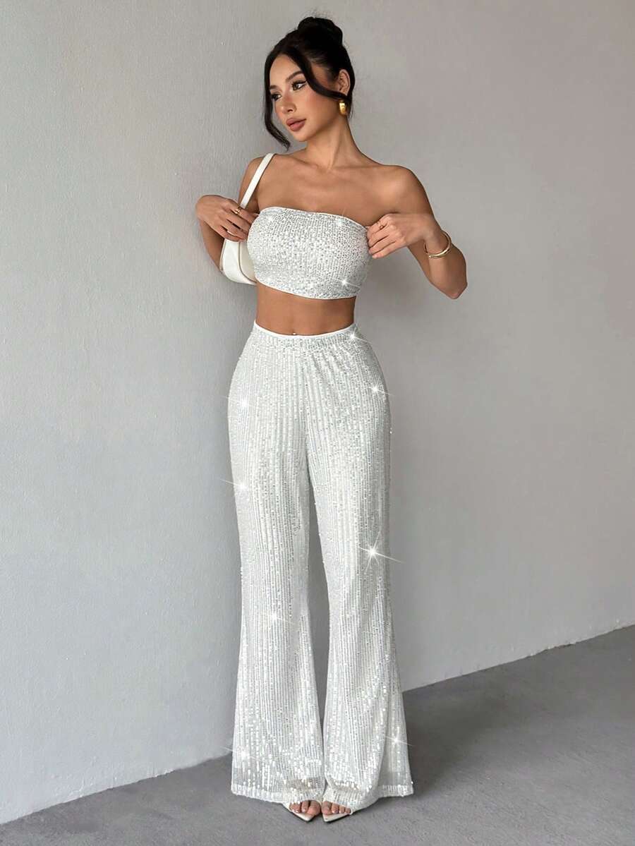 Almamuse Women's Fitted Sequin Embellished Loose Pants 2 Pieces Set - Silver - View 1