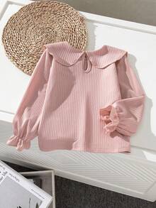 SHEIN Genkimix Kids 女童罗纹长袖T恤，蕾丝领口，舒适休闲优雅时尚，适合春、秋、冬三季穿着。 - 粉色 - 查看 2