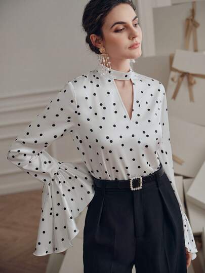 Anewsta Women's Elegant Polka Dot V-Neck Loose Ruffle Trim Long Sleeve Blouse, Fashion Spring/Autumn