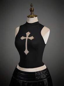 SHEIN ICON 女士修身休闲交叉网眼立领背心 - 黑色 - 查看 1