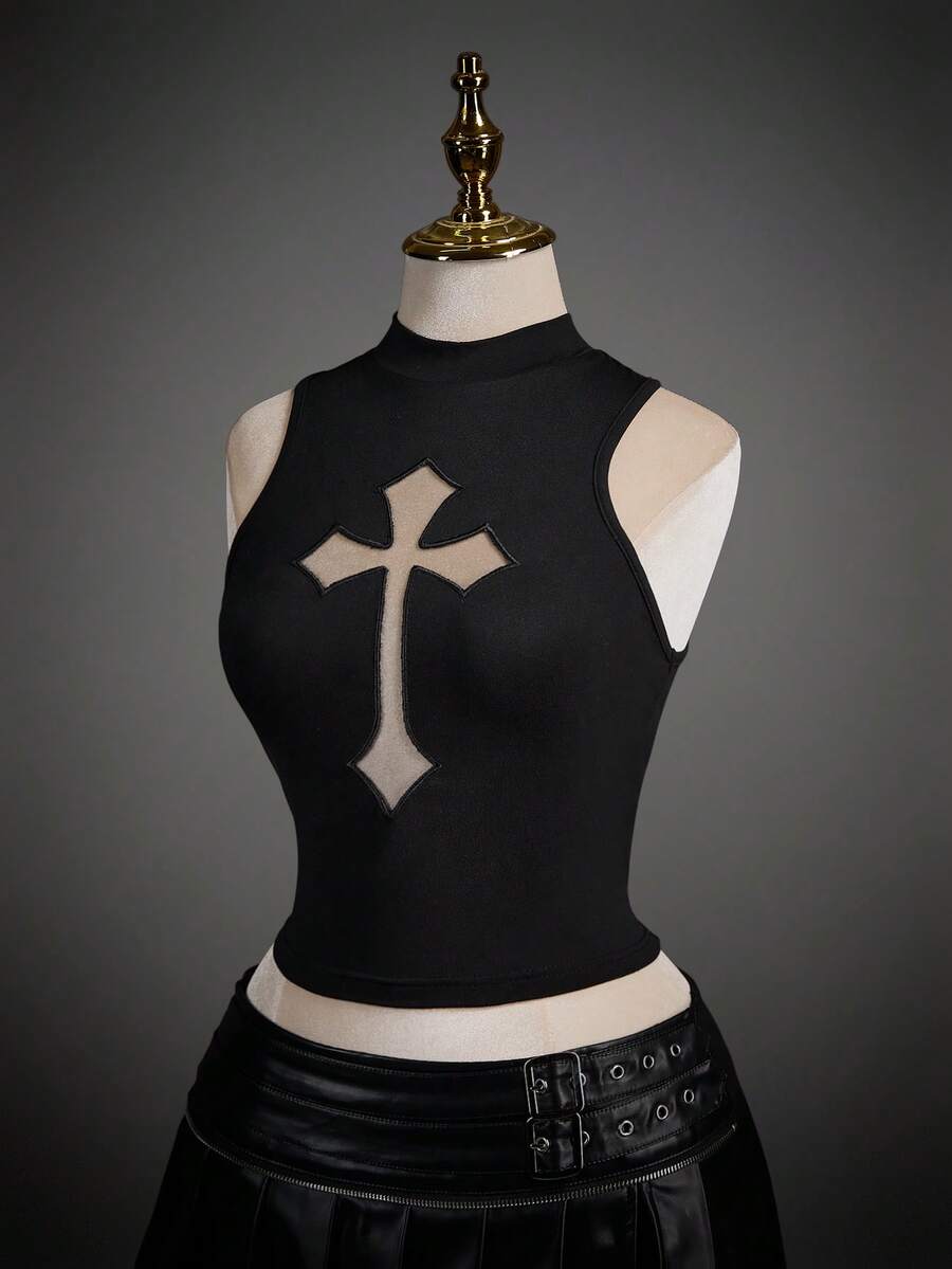 SHEIN ICON 女士修身休闲交叉网眼立领背心 - 黑色 - 查看 1